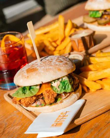 Kipburger friet en cocktail in zon
